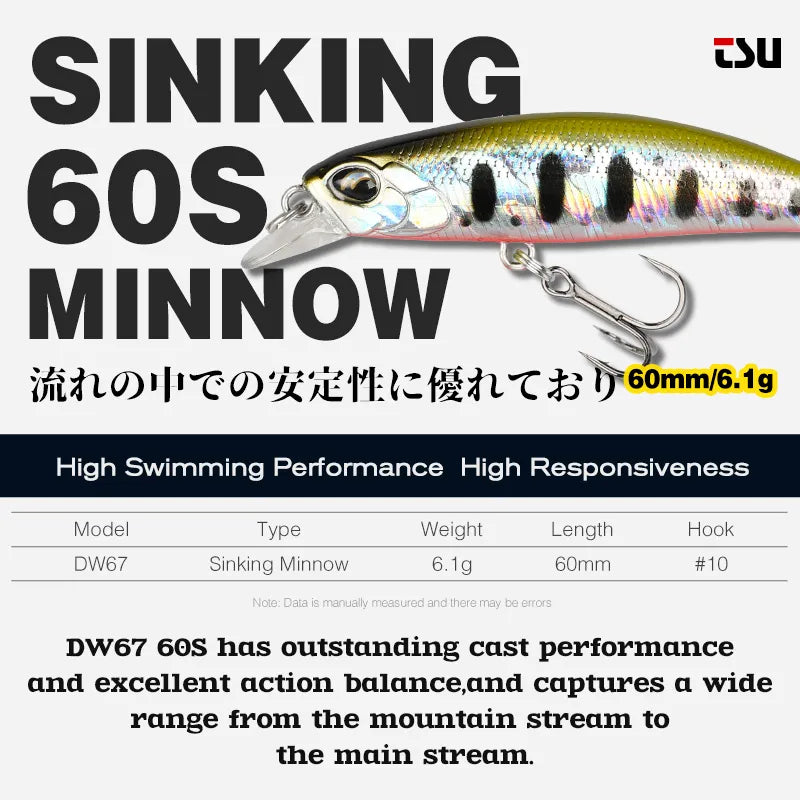 TSURINOYA DW67 Sinking Minnow Crankbait