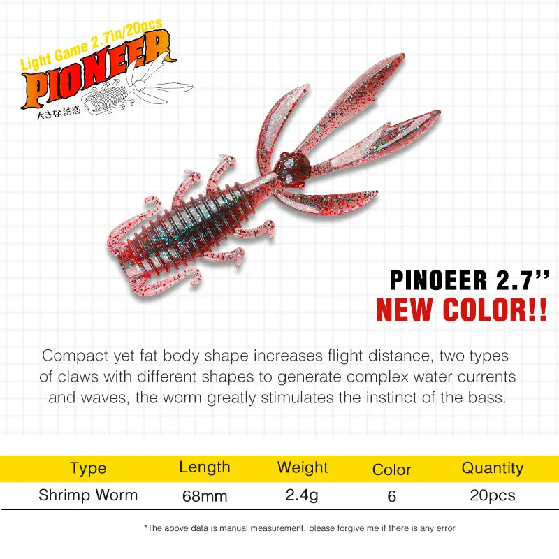 TSURINOYA 2.7in 20pcs PIONEER 68mm 2.4g Soft Worm Ajing