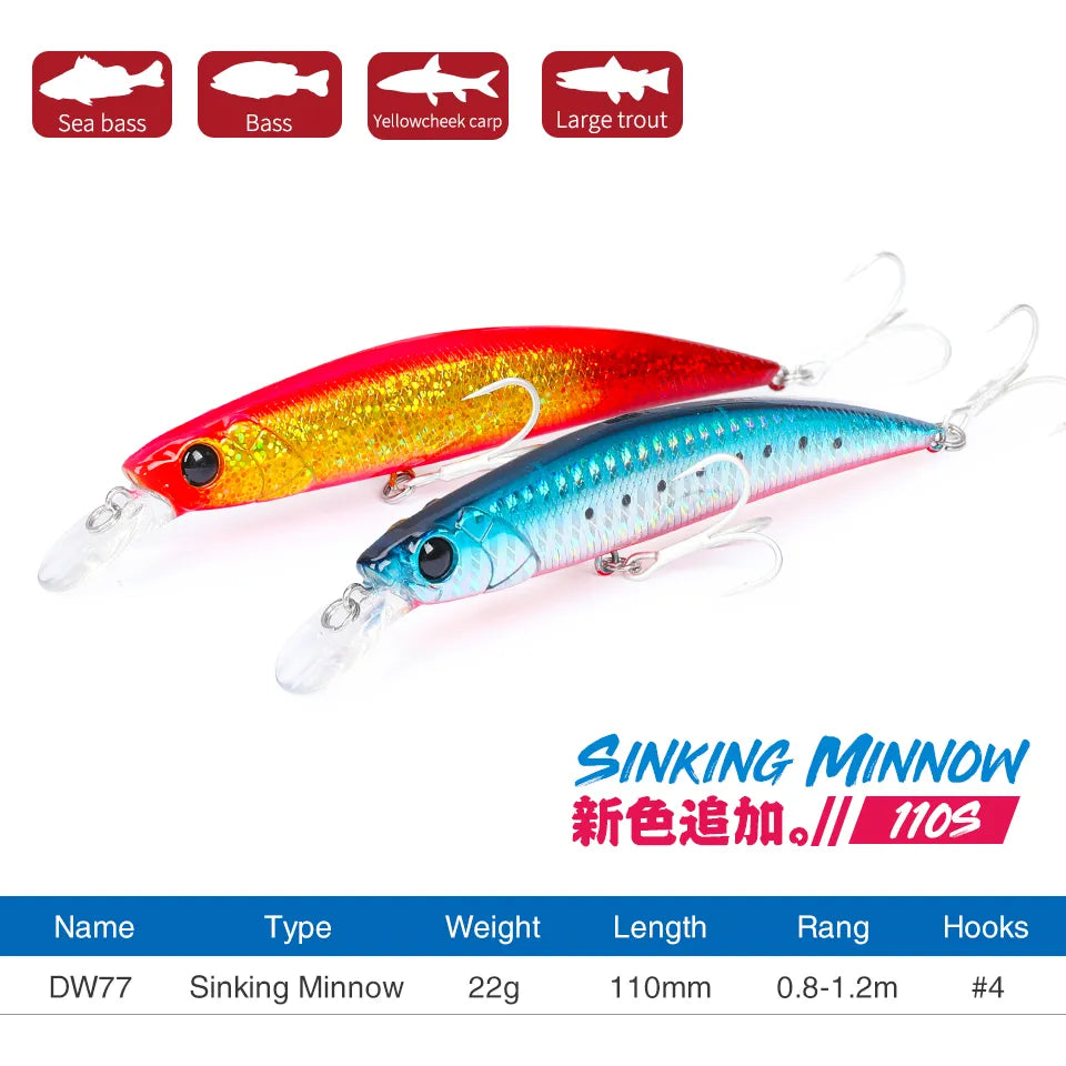 TSURINOYA DW77 110S Sinking Minnow Fishing Hard Baits