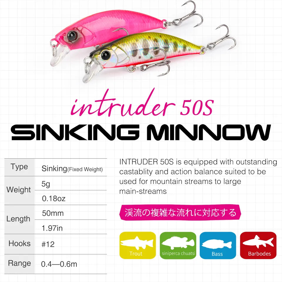 TSURINOYA 50S River Fishing Sinking Stick Bait Minnow Intruder 50mm 5g Hard Baits