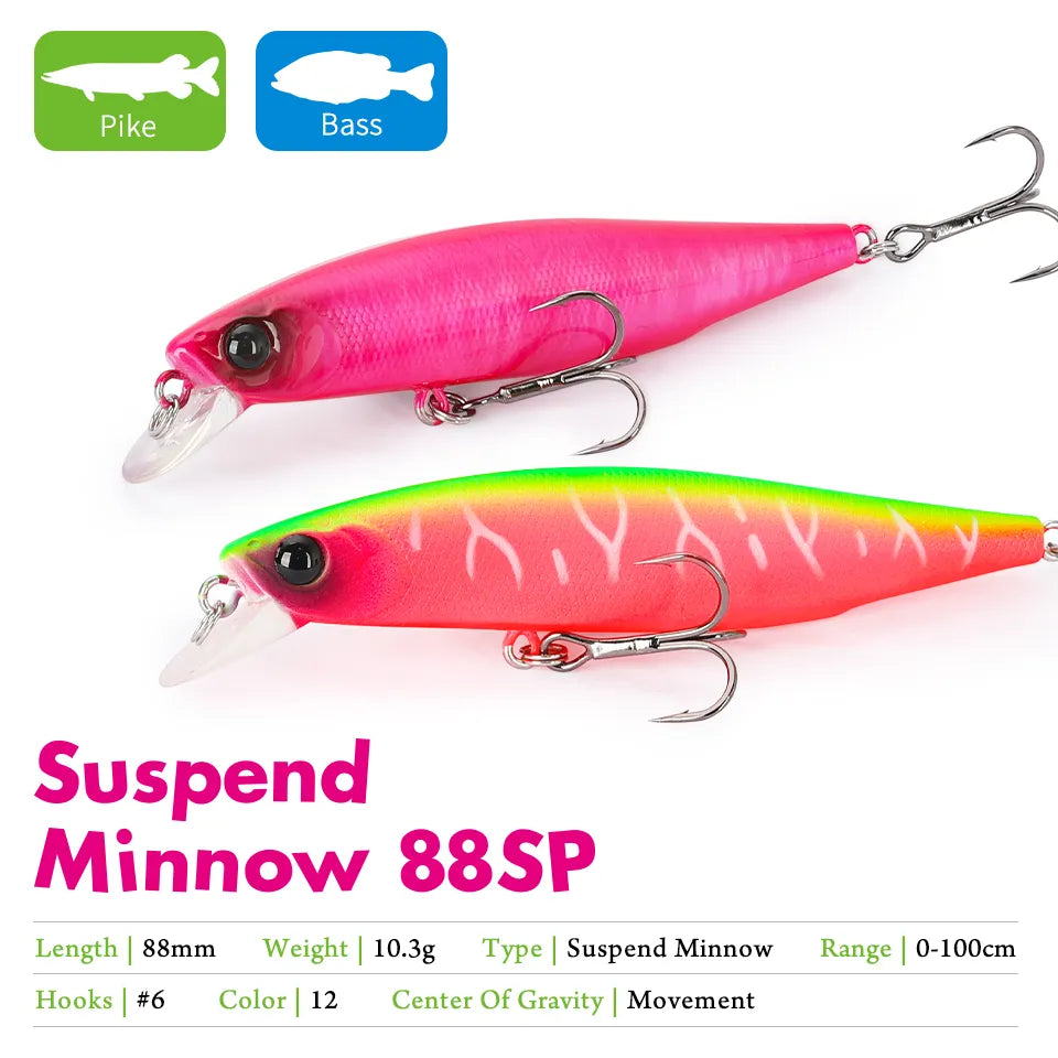 TSURINOYA 88mm 10.3g 88SP Suspending Minnow DW76 Long Casting Fishing Lure Pike Bass Jerkbait Tackle Artificial Hard Lure