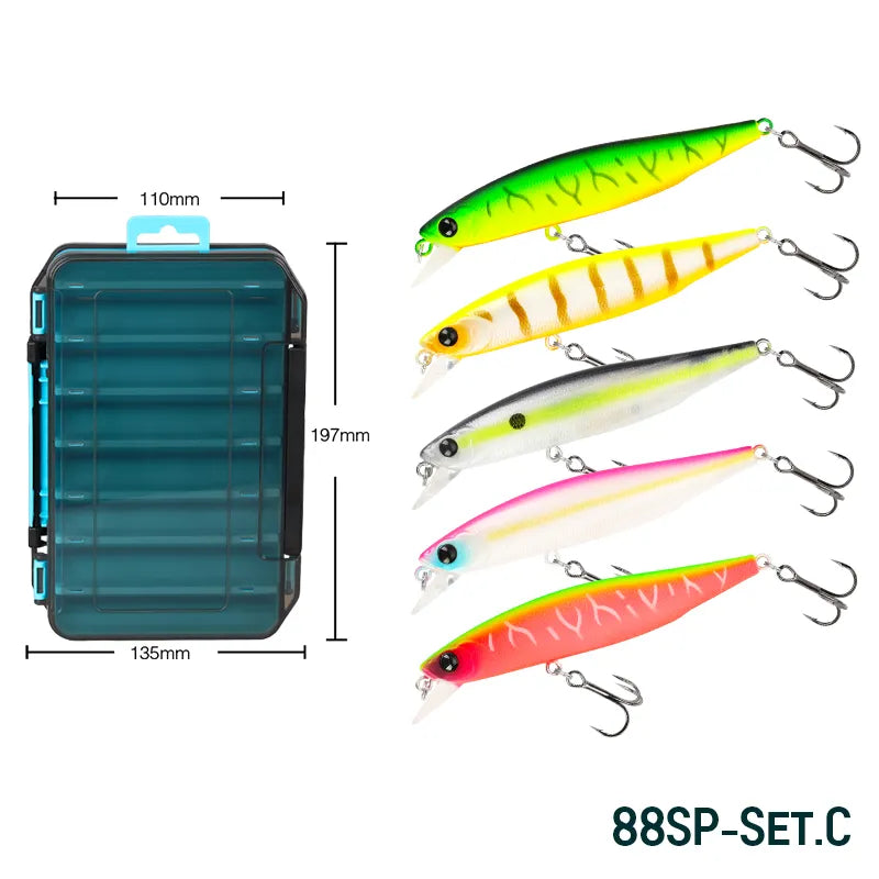 TSURINOYA 88SP Suspending Minnow Jerkbait 88mm 10.3g Bass Fishing Lure Kit 5 pcs Long Novices Suitable Casting Lake Wobblers