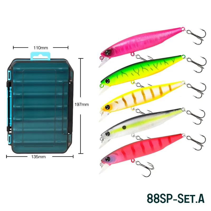 TSURINOYA 88SP Suspending Minnow Jerkbait 88mm 10.3g Bass Fishing Lure Kit 5 pcs Long Novices Suitable Casting Lake Wobblers