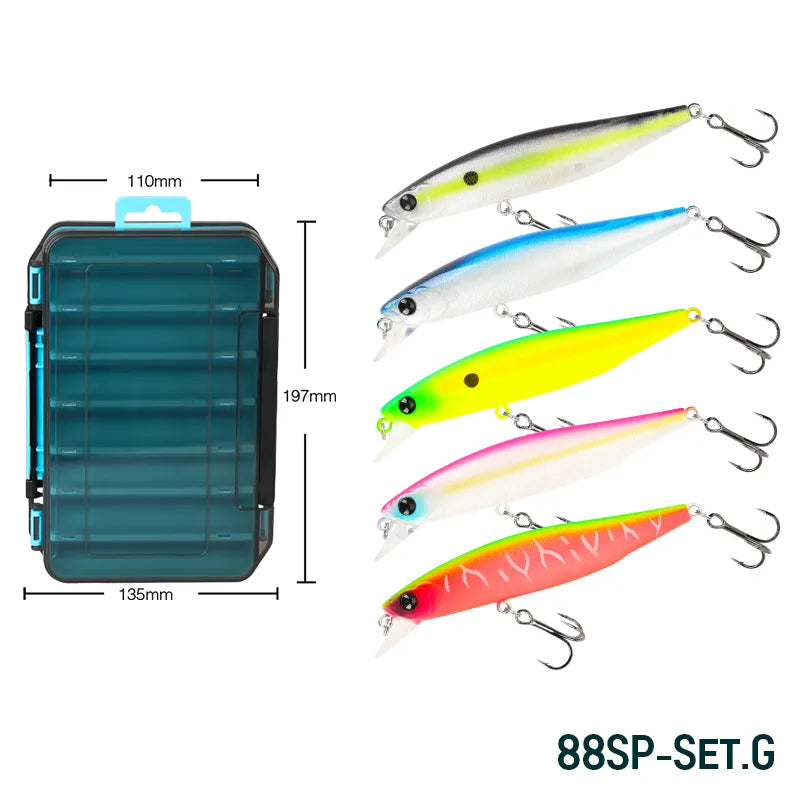 TSURINOYA 88SP Suspending Minnow Jerkbait 88mm 10.3g Bass Fishing Lure Kit 5 pcs Long Novices Suitable Casting Lake Wobblers