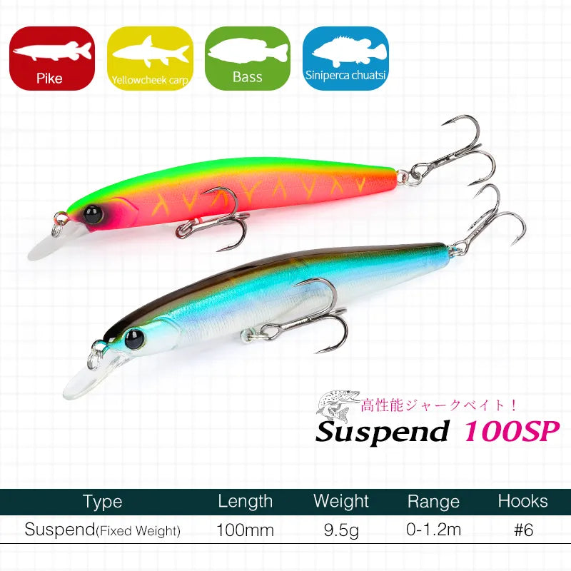 TSURINOYA 100SP Suspending Minnow Fishing Lure DW70 100mm 9.5g Jerkbait Pike Bass Crankbait Wobbler Hard Bait fishing gear