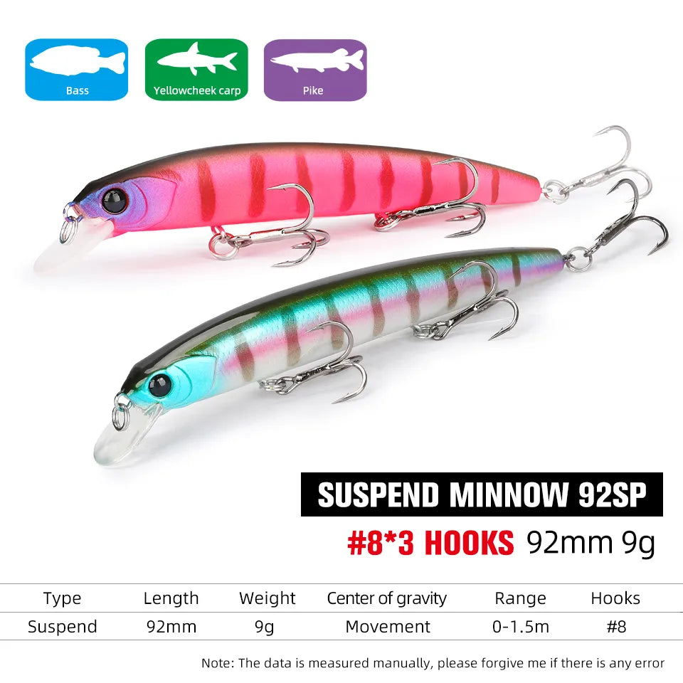 TSURINOYA 92SP Suspending Minnow Lures 92mm 9g Fishing Wobblers 6pcs Set Long Casting Novices Suitable Jerkbait Three 8# Hooks