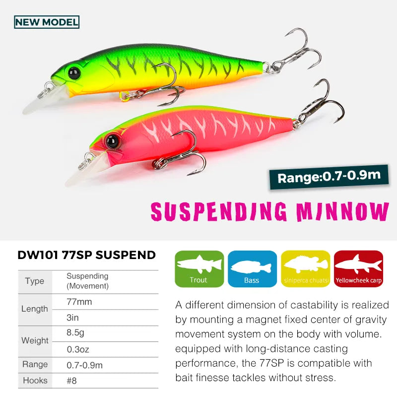 TSURINOYA 77SP 77mm 8.5g Jerkbait 6pcs Fishing Lure Hard Baits Suspending Minnow Set Lure Box Long Casting Pike Fishing Tackle