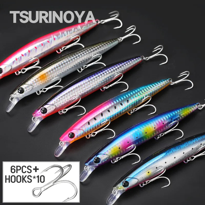 TSURINOYA 135S Long Casting Sinking Minnow 135mm 26.4g Kit 6pcs Free Shipping BAYONET Fishing Seawater Lures Hooks Bass Pike