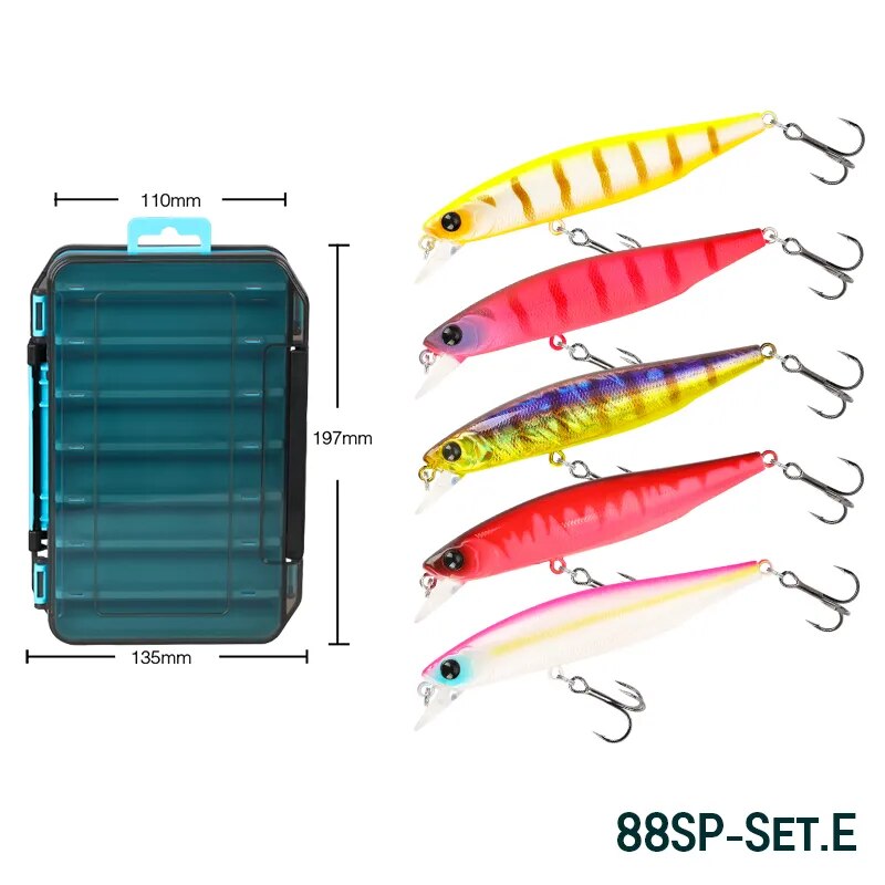 TSURINOYA 88SP Suspending Minnow Jerkbait 88mm 10.3g Bass Fishing Lure Kit 5 pcs Long Novices Suitable Casting Lake Wobblers