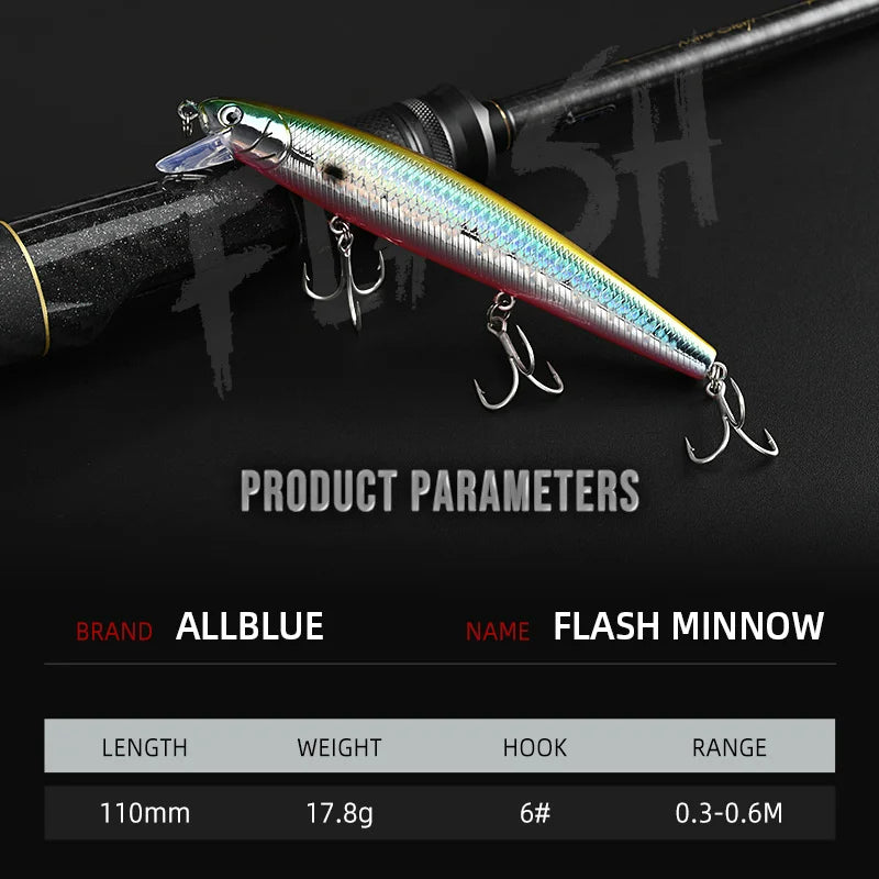 ALLBLUE FlashMinnow 110 Fishing Lure 110mm 17.8g Glow Jerkbait Wobbler Slow Suspending Minnow Plastic Bait Bass Pike Tackle